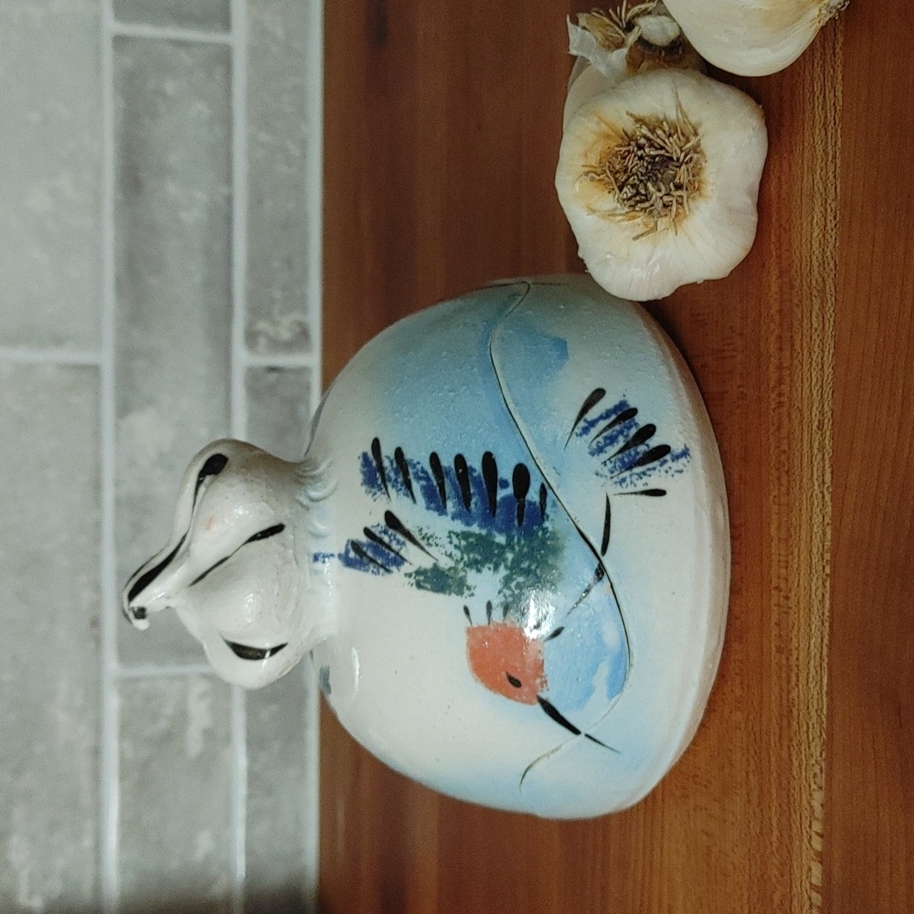 Artisan Ceramic Garlic Roaster with Painted Hummingbirds